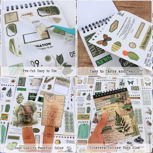 488PCS Vintage Scrapbook Stickers, 50 Sheets Precut Washi Stickers Book for Journaling, Green Ephemera for Junk Journal Supplies, Scrapbooking, Bujo, Collage, Adults Crafts Arts - color: Green Mountains