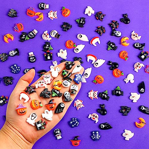 FOIMAS Halloween Resin Flatback Charms,100pcs Pumpkin Ghost Spider Embellishment Resin Miniatures for Halloween Ornament Supply - color: Halloween