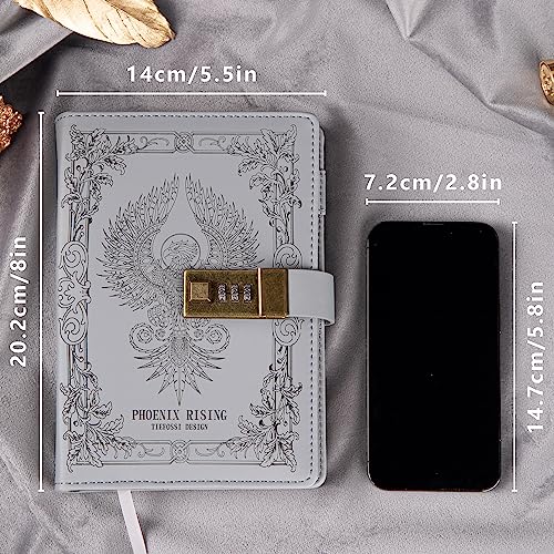 TIEFOSSI Phoenix Journal Notebook with Lock, Vintage Leather Locked Diary - color: Grey