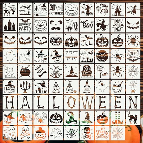 80 Pcs 5 x 5 Inch Halloween Stencils for Painting on Wood, Reusable Happy Pumpkin Spider Web Stencil DIY Ornaments Ghost Paint Template Set for Wall Door Home Decor - style: Halloween