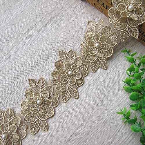 2 Yards 3D Flower Lace Trim Pearl Embroidered Polyester Lace Ribbon Fabric Applique Patchwork for Wedding Dress Handmade DIY Sewing Craft Supplies Decoration (Gold) - color: Gold