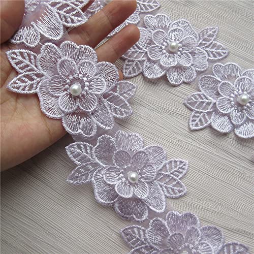 2 Yards 3D Flower Lace Trim Pearl Embroidered Polyester Lace Ribbon Fabric Applique Patchwork for Wedding Dress Handmade DIY Sewing Craft Supplies Decoration (Purple) - color: Purple