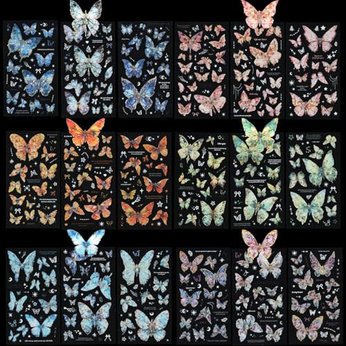 Butterfly Stickers(18 Sheets/ 500+pcs) Colorful Butterly Holographic Glitter PET Transparent Stickers for Scrapbooking Planner Journaling Wrapping DIY Crafts Cards Album Water Bottles Laptops - color: Butterfly