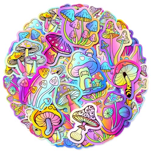 100 Pack Holographic Mushroom Stickers for Laptop Water Bottles Scrapbook, Mushroom Party Favors