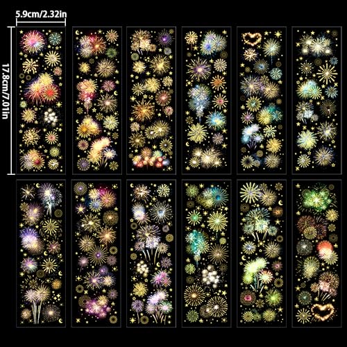 12 Sheets Fireworks Landscape Stickers for Scrapbooking Scrapbook Stickers Aesthetic Glitter Sticker Sets PET Transparent Sticker for Journaling Journal Supplies Decals for Scarp Booking Supples Kit