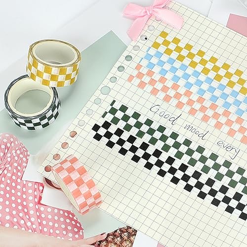 Checkered Tape Decorative Plaid Cute Washi Tape Set 0.6inch Width Colored Grid Masking Paper Tapes 5 Roll Checkerboard Flag Tape Rolls for Scrapbook Artist Craft Party Decoration Box Label