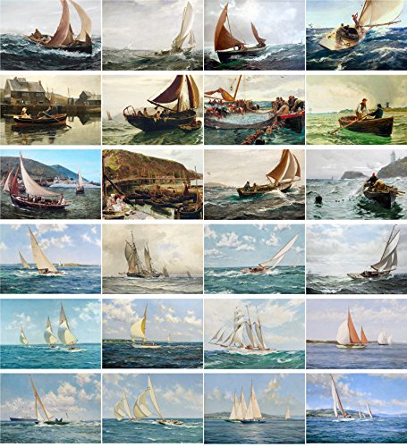 PIXILUV Vintage PostCards 24 pcs Yacht Sailship Vintage Painting Illustration