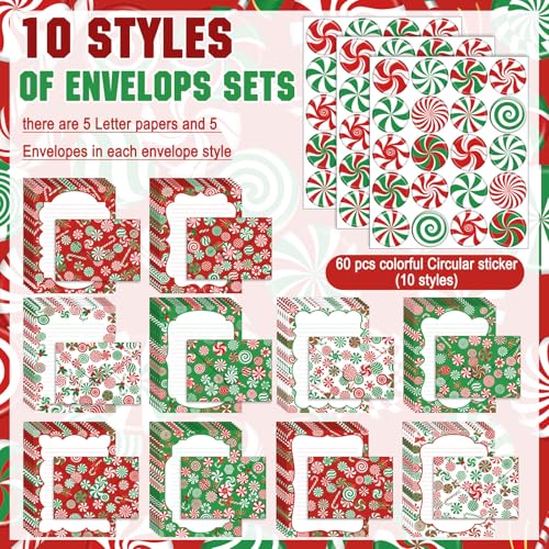 TaoBary 160 Pcs Stationery Paper Set 50 Double Sided Stationery Papers with 50 Matching Envelopes and 60 Round Dot Sticker, 10 Design(Christmas Candy,5.5 x 8.25 Inch) - size: 5.5 x 8.25 Inch, style: Christmas Candy