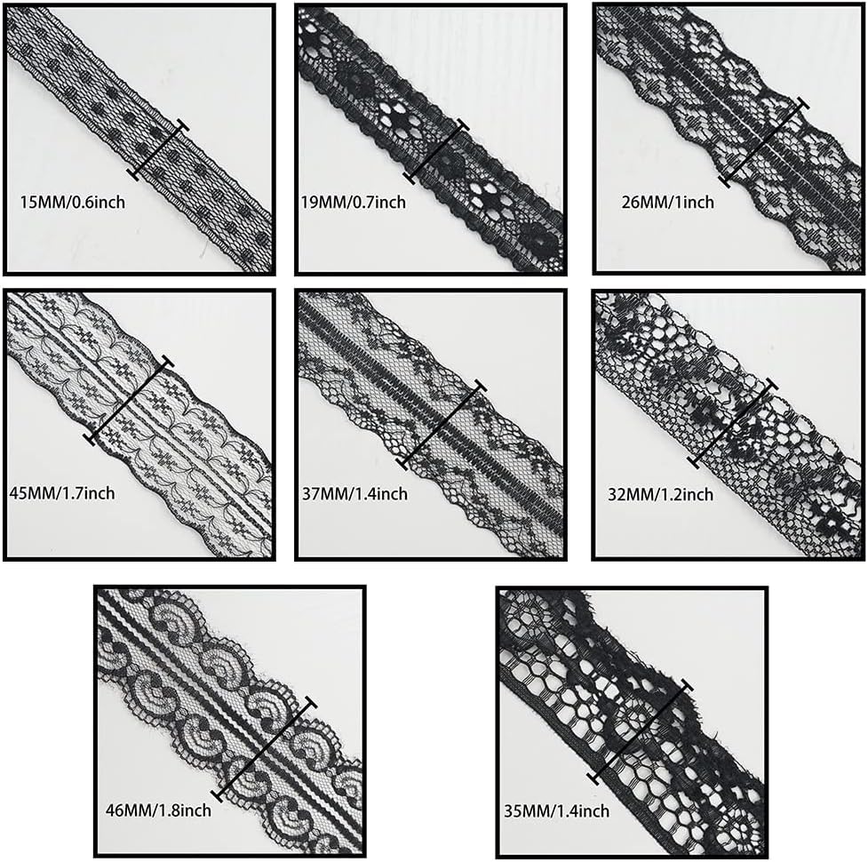80 Yards Black Lace Trim Ribbon,8 Rolls Crochet Sewing Assorted Patterns Vintage Floral Lace Ribbons for Sewing DIY,Gift Wrap,Scrapbooking, Bridal Shower Wedding Decor, 10 Yards Each Roll - color: Black