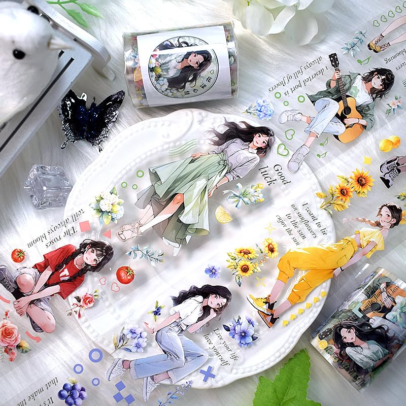 New Popular PET Tape Modern Girls Collage Glossy Washi Tape for Decoration Small Fresh Flower Materials (90727) - color: 90727