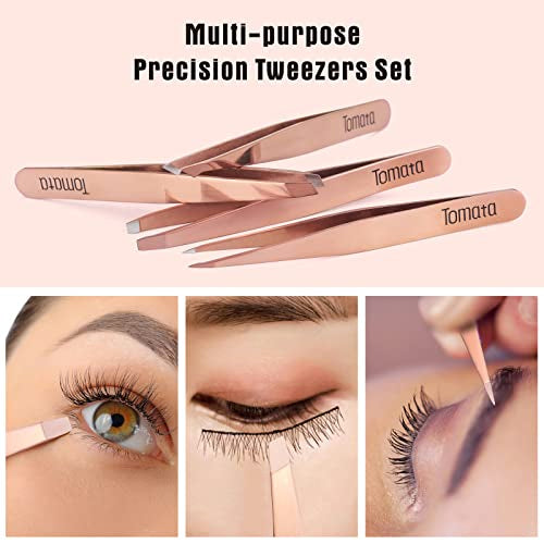 Tomata Tweezers for Eyebrows, Slant Tip and Pointed Eyebrow Tweezer Set Great Precision for Eyebrows Facial Hair, Ingrown Hair, Splinter, Blackhead and Tick Remover (4-piece) (Gold) - color: Gold