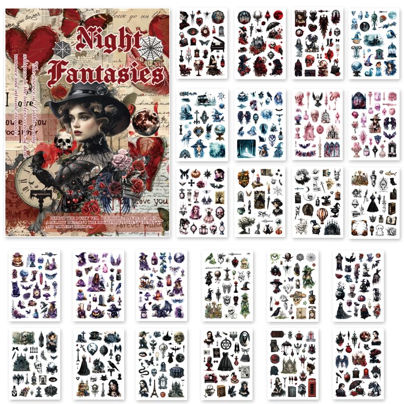 Bomichi Washi Stickers for Scrapbook, 24 Sheets Goth Sticker Book for Journaling, Dark Aesthetic Pre-Cut Stickers Book for Junk Journal Supplies Collage DIY Crafts Phone Cases Adult - style: Night Fantasies