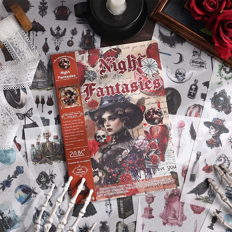 Bomichi 4 Different Goth Themes Sticker Pad,Vintage and Goth Aesthetic Washi Stickers Book, Die-Cut Sticker Book for Phone Scrapbook Junk Journal Collage DIY Crafts - style: 4 in 1