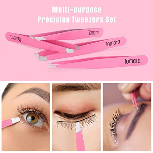 Tomata Tweezers for Eyebrows, Slant Tip and Pointed Eyebrow Tweezer Set Great Precision for Eyebrows Facial Hair, Ingrown Hair, Splinter, Blackhead and Tick Remover (4-piece) (pink) - color: Pink