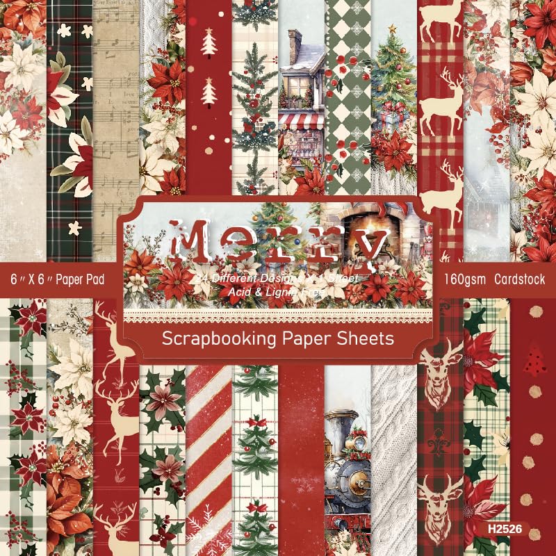 Christmas Scrapbook Paper - 24 Sheets Scrapbooking Supplies, Single-Sided Patterned Paper for Card Making, Designer Planner Journals, Background Borders, Greeting Cards 6"x 6" - color: Merry
