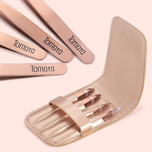 Tomata Tweezers for Eyebrows, Slant Tip and Pointed Eyebrow Tweezer Set Great Precision for Eyebrows Facial Hair, Ingrown Hair, Splinter, Blackhead and Tick Remover (4-piece) (Gold) - color: Gold